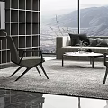 Modern Living Room Sofa Coffee Table Set With Armchairs Large Windows And Mountain View