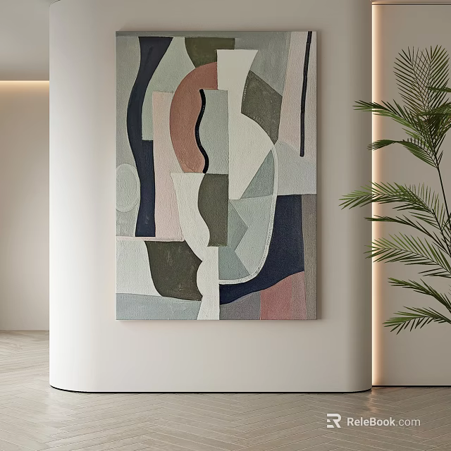 Abstract Painting With Geometric Shapes Gray Pink Green Blue On White Curved Wall Interior Decor 3d model 