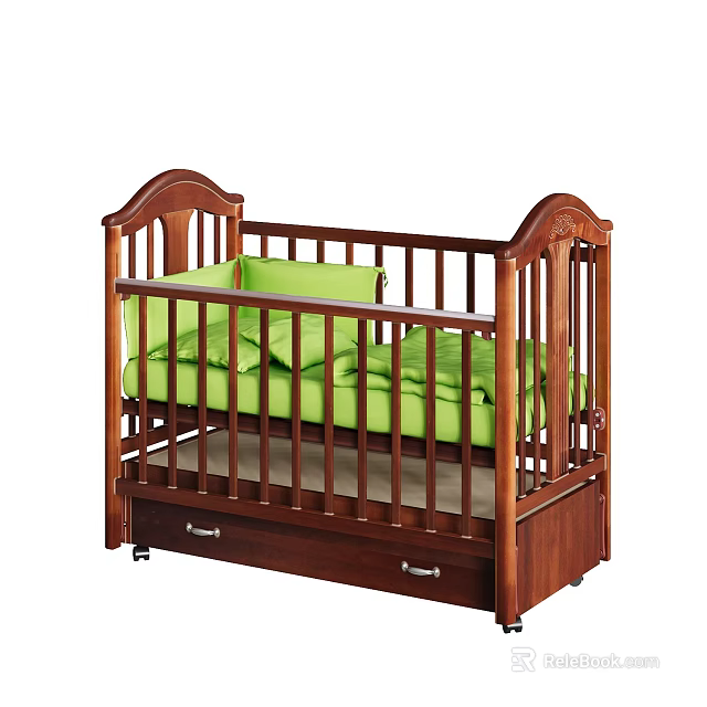 Wooden Baby Crib With Carved Headboard Green Mattress And Underbed Drawer 3d model 