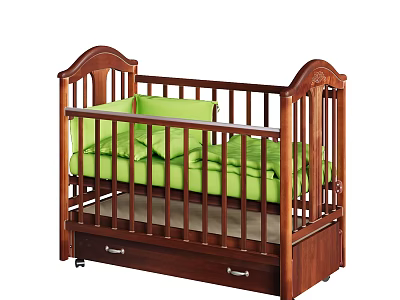 Wooden Baby Crib With Carved Headboard Green Mattress And Underbed Drawer 3d model