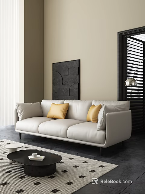 White Three-Seater Sofa With Yellow and Light Gray Pillows Beige Wall Black Geometric Art 3d model 