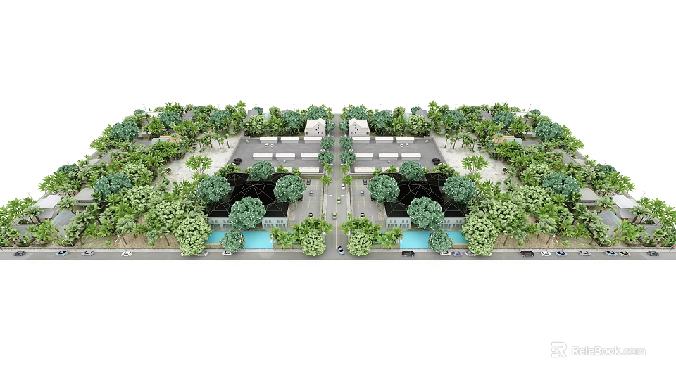 Modern Commercial Equipment Setup In Landscaped Business Complex With Greenery And Water Elements 3d model 