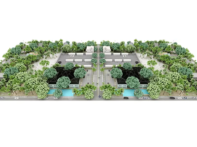 Modern Commercial Equipment Setup In Landscaped Business Complex With Greenery And Water Elements 3d model