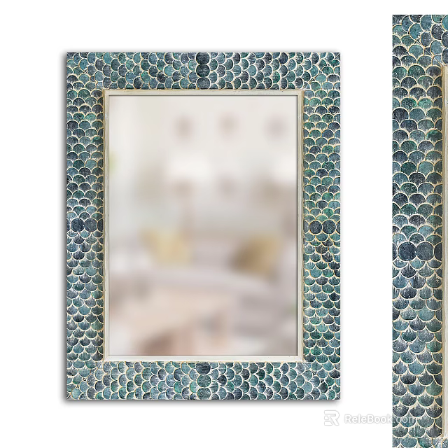 Decorative Wall Mirror With Scalloped Blue Green Frame And Gold Trim Design 3d model 