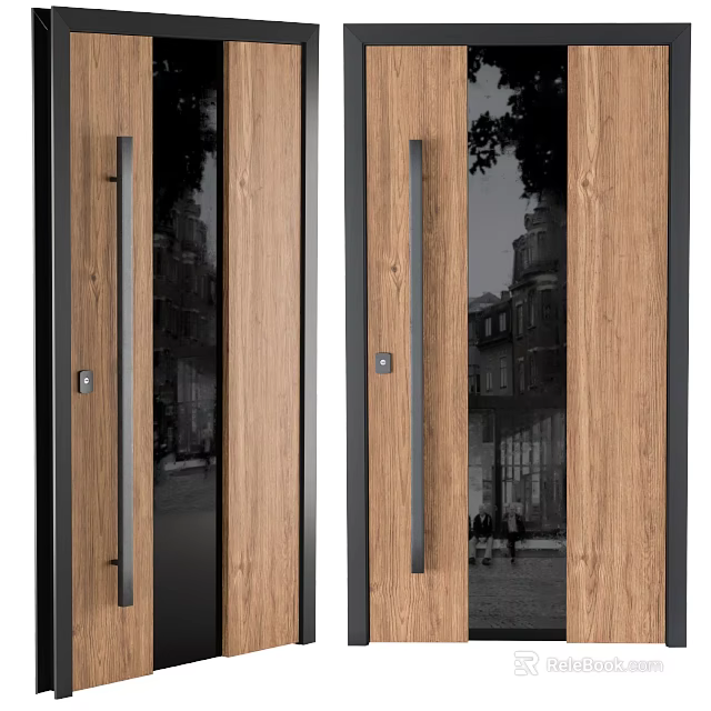 Wooden Doors With Glass Panels And Metal Handles Showing Building Reflections 3d model 