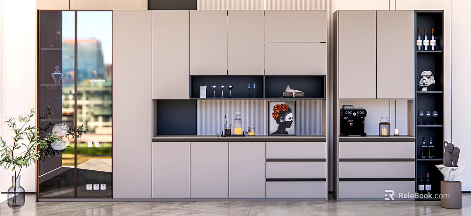 Contemporary Light Gray Wine Cabinet Interior With Open Shelves Wine Glasses And Decorative Art 3d model 