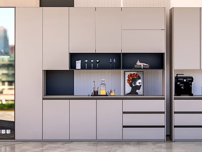 Contemporary Light Gray Wine Cabinet Interior With Open Shelves Wine Glasses And Decorative Art 3d model
