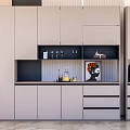 Contemporary Light Gray Wine Cabinet Interior With Open Shelves Wine Glasses And Decorative Art