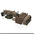 Modern Tactical Outdoor Setup With Sandbags Wooden Crate Bucket And Green Camouflage Fabric