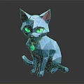 Polygonal Dark Colored Cat 3D Model with Green Eyes Red Ears and Golden Collar