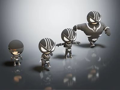 Cartoon Black And White Character Figurines In Different Sizes Standing On Reflective Surface 3d model