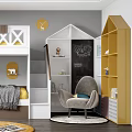 Kids Room Interior With White Yellow Bunk Bed House Shaped Furniture Chalkboard Wall And Rug