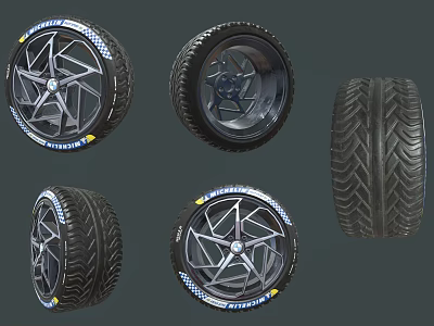 Various Car Tire And Wheel Rim Designs With Tread Patterns And Rims 3d model