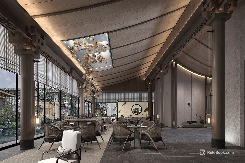 Modern Leisure Area Featuring Wooden Ceiling Skylight Pendant Lights Round Decor And Large Windows 3d model 