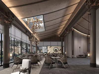Modern Leisure Area Featuring Wooden Ceiling Skylight Pendant Lights Round Decor And Large Windows 3d model