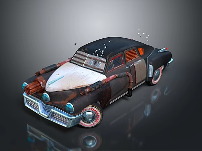 Vintage Custom Car With Rusty Exterior Distinct Front Design And Red Rims 3d model