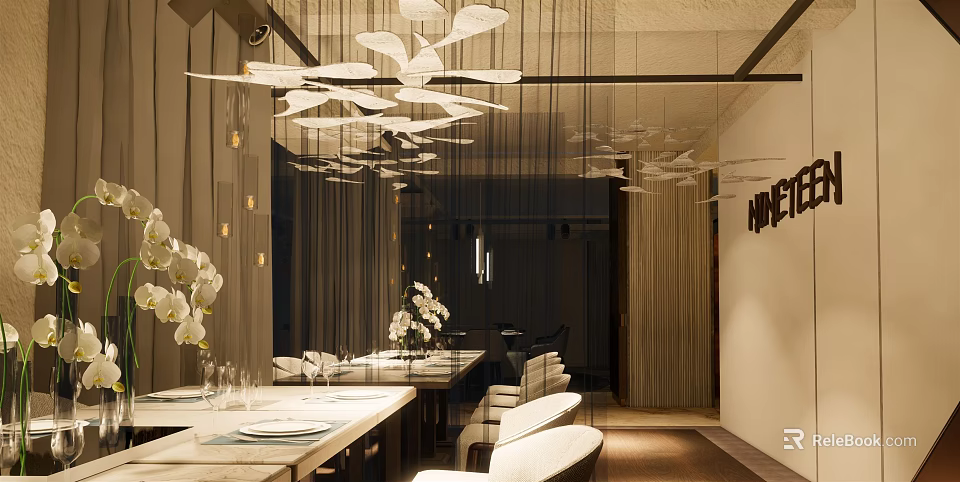 Modern Restaurant Interior With Leaf Shaped Chandeliers Dining Table Chairs And Orchids 3d model