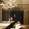 Modern Restaurant Interior With Leaf Shaped Chandeliers Dining Table Chairs And Orchids 3d model