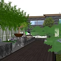 Lush Green Roof Garden with Stone Path Steps Trees and Relaxation Area