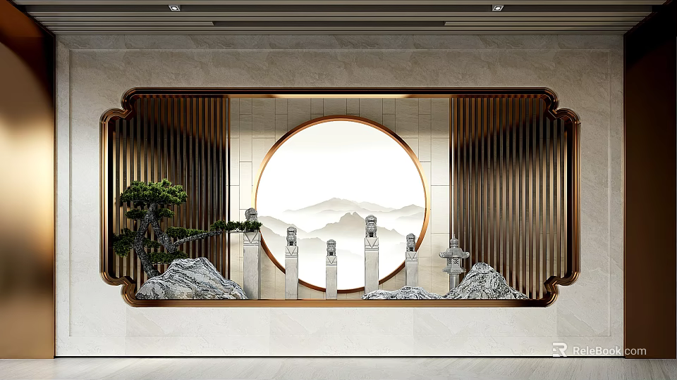 Elegant Modern Feature Wall With Circular Mountain Landscape Rock Formations Pine Tree And Golden Frame 3d model