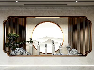 Elegant Modern Feature Wall With Circular Mountain Landscape Rock Formations Pine Tree And Golden Frame 3d model