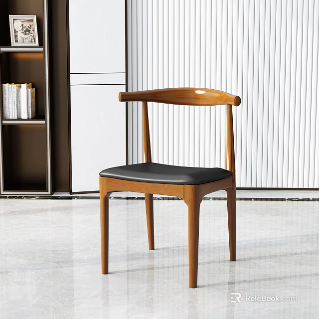 Stylish Wooden Accent Chair With Black Seat In Modern Room With Bookshelf And Striped Wall 3d model 