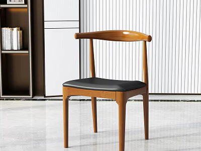 Stylish Wooden Accent Chair With Black Seat In Modern Room With Bookshelf And Striped Wall 3d model