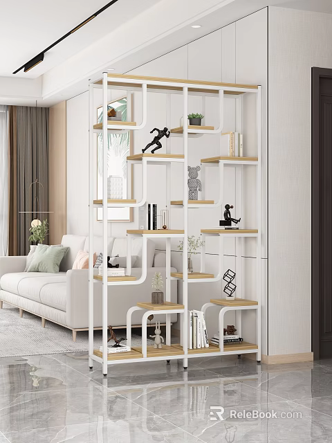 Modern Living Room Shelving Unit with Wooden Shelves Decorative Sculptures Plants and Books 3d model 