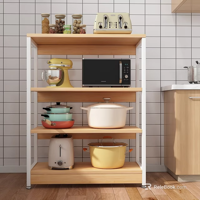 Organized Kitchen Storage Shelf With Mixer Microwave Colorful Pots Toaster And Tile Wall Cabinets 3d model 