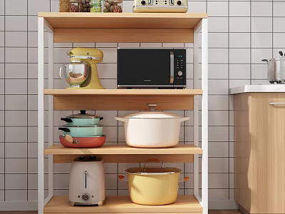 Organized Kitchen Storage Shelf With Mixer Microwave Colorful Pots Toaster And Tile Wall Cabinets 3d model