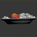 Blue Patterned Decorative Plate With Fresh Apple White And Purple Grapes Neatly Arranged