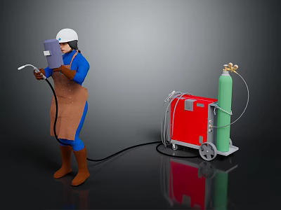 Welder Wearing White Safety Helmet Using Welding Torch With Red Machine And Green Gas Cylinder 3d model