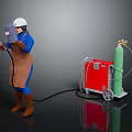 Welder Wearing White Safety Helmet Using Welding Torch With Red Machine And Green Gas Cylinder