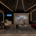 Modern Luxury Home Theater Interior Design With Starry Ceiling Red Sofa And Beige Armchairs