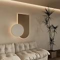 Modern Wall Decor Featuring Circular And U Shaped Backlit Design With Sofa And Plant 3d model