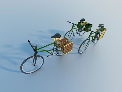 Two Green Bicycles with Wooden Baskets and Classic Design Features 3d model