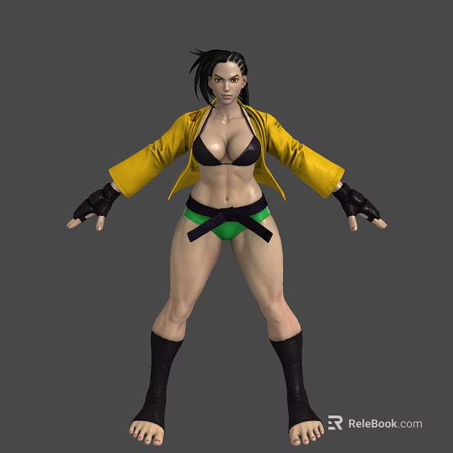 Female Action Character With Yellow Jacket Black Bikini Green Shorts And Black Boots 3d model 