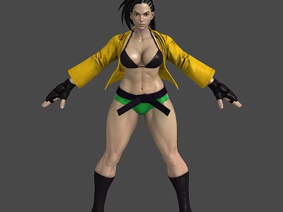 Female Action Character With Yellow Jacket Black Bikini Green Shorts And Black Boots 3d model