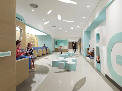Modern Waiting Area Interior With Round Stools Wooden Panels And Bright Lighting 3d model