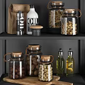 Modern Kitchen Wall Shelves With Storage Jars Plates Knives Cutting Board And Herb Plant