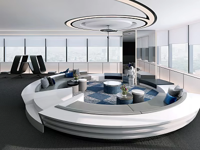 Modern Elegant Lounge Area Interior With Circular Sofa Large Windows And City View 3d model