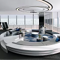 Modern Elegant Lounge Area Interior With Circular Sofa Large Windows And City View