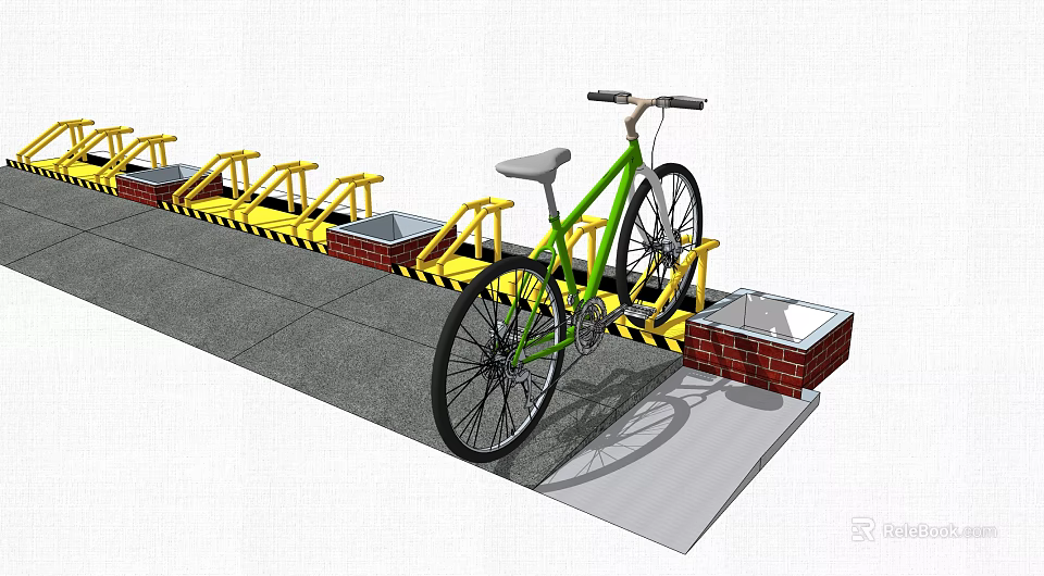 Green Bicycle Parked On Yellow Bike Rack With Brick Structure And Paved Ground 3d model 