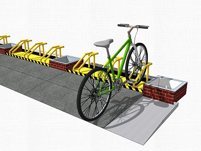 Green Bicycle Parked On Yellow Bike Rack With Brick Structure And Paved Ground 3d model