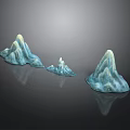 Blue And White Rock Mountain Models With Three Pieces And Reflection On Dark Background