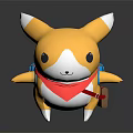 Cute Yellow Cartoon Creature With White Ear Tips Red Scarf Blue Backpack And Brown Pouch