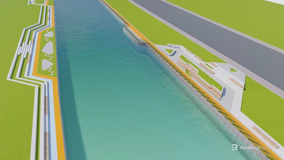 Waterfront Landscape Design Featuring Scenic Water Body Riverside Walkway And Green Belt 3d model 