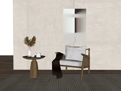 Minimalist Single Sofa with Throw Pillow Blanket and Side Table by Light Textured Wall 3d model
