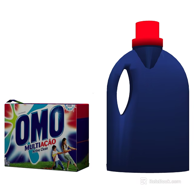 Bathroom Accessories Including OMO Laundry Detergent Blue Bottle And Powder Box With Red Cap 3d model 