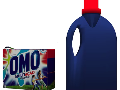 Bathroom Accessories Including OMO Laundry Detergent Blue Bottle And Powder Box With Red Cap 3d model